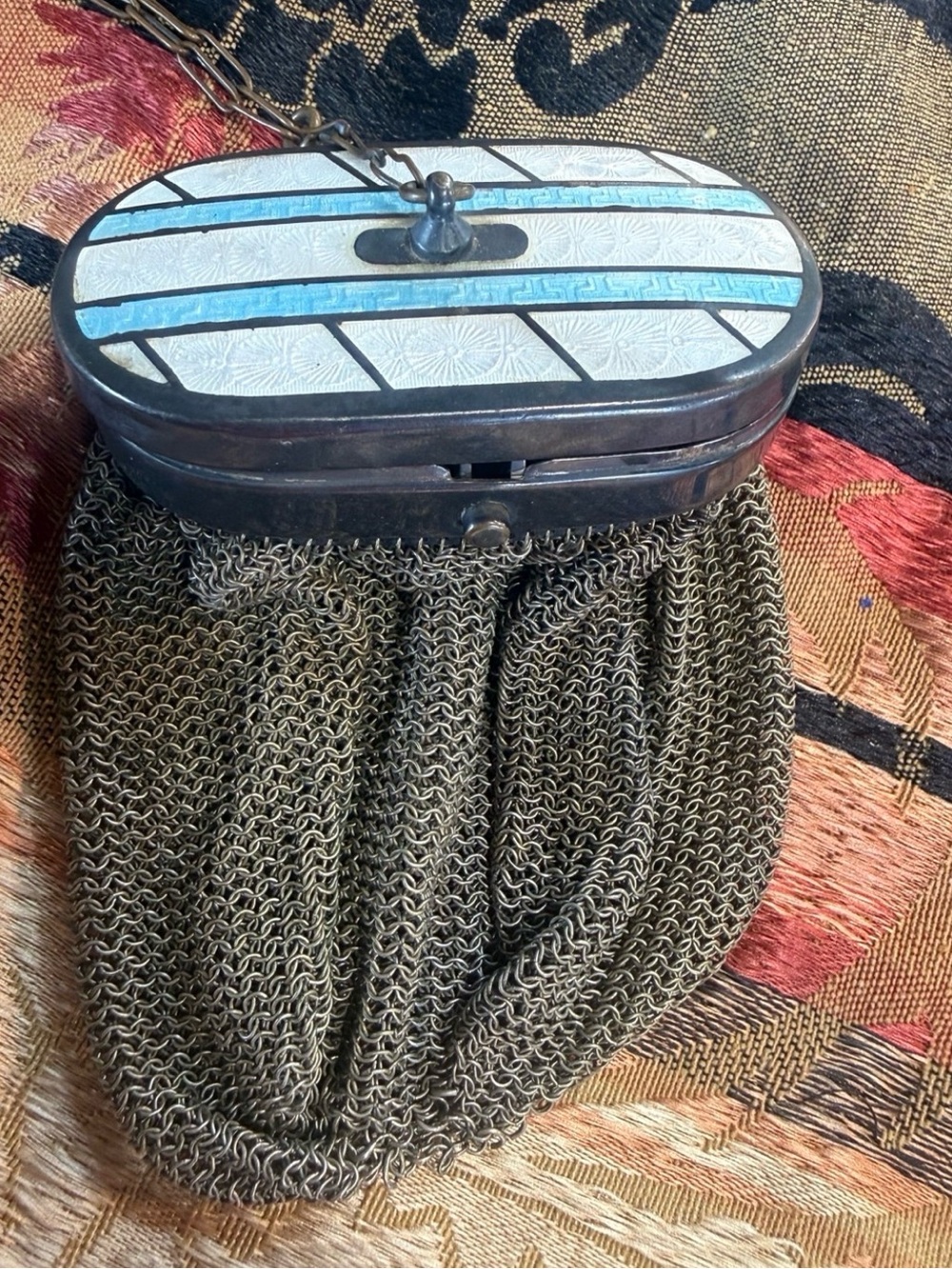 Antique Blue and White Enamel Top Mesh Evening Bag